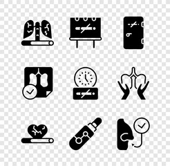 Set Disease lungs, No smoking, area, Heart disease with, Electronic cigarette, Healthy breathing, Lungs x-ray diagnostics and time icon. Vector