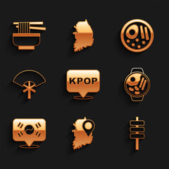 Set K-pop, South Korea map, Korean food tokpokki, Ramen, Location, Traditional fan, and icon. Vector