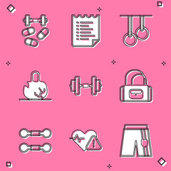 Set Sports doping with dumbbell, training program, Gymnastic rings, Broken weight, Dumbbell, bag, and Heart rate icon. Vector