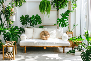 Urban jungle in bright living room interior with white couch with knot pillow and wooden furniture.