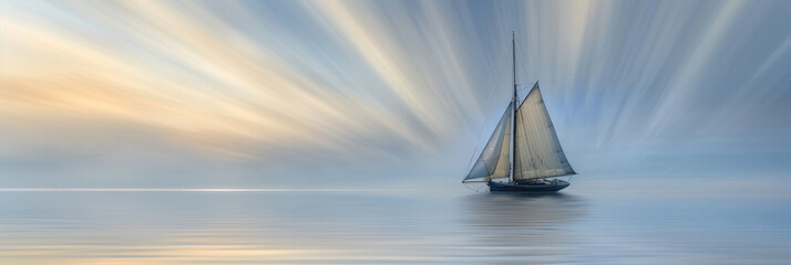 A sailboat is peacefully floating in the center of a vast body of water, under a clear sky with no...