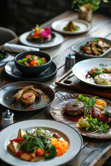 Selective focus on delectable lunch dishes - An array of tasty lunch dishes set on a restaurant table, with selective focus and rich colors