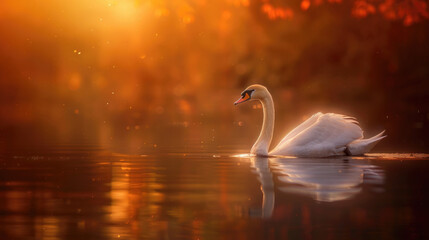 A graceful white swan floats elegantly on a peaceful body of water, displaying its beauty and tranquility