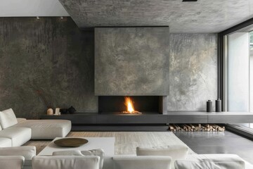 Home interior design plan with a gray sofa and floor-to-ceiling windows, showcasing the outdoor view.. Beautiful simple AI generated image in 4K, unique.