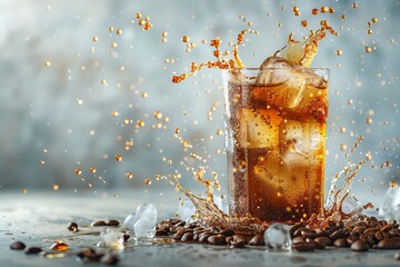 Coffee splash made of ice cubes and beans set against a backdrop of gray concrete with plenty of room for advertising, Generative AI.