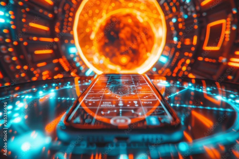 Poster Futuristic Smartphone Interface with Virtual Reality Backdrop in Neon Colors
