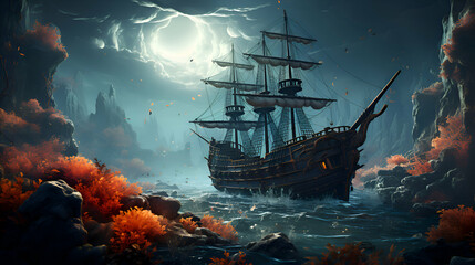 Pirate ship in the sea. Fantasy landscape. 3D rendering