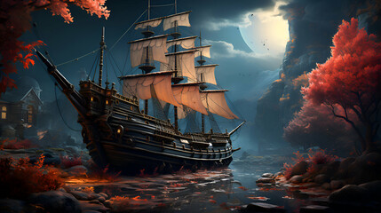 Fantasy landscape with a pirate ship in the sea. 3D rendering - obrazy, fototapety, plakaty