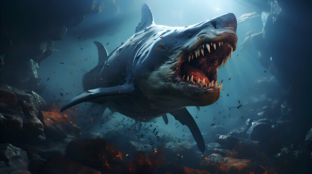Great white shark swimming in the ocean. 3D render illustration.