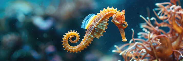 A close-up view of a sea horse perched delicately on a vibrant coral reef in its natural habitat underwater