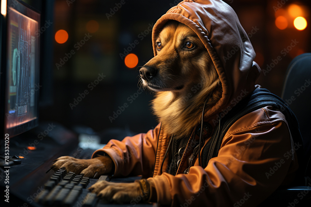 Poster generative ai image of funny gamer in headphones and playing online game on pc computer