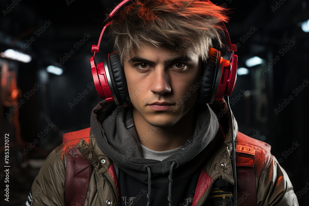 Poster generative ai picture of gamer playing game with computer on dark background