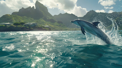 A dolphin jumps high out of the water against a backdrop of majestic mountains in this striking nature scene