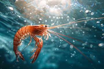 Fresh shrimp on ice in water, isolated Gourmet seafood: prawn, crayfish, shrimp Closeup of raw crustaceans in nature - obrazy, fototapety, plakaty