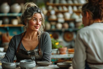 Mature Female Potter in Apron Sharing Craft with Apprentice in Sunlit Studio