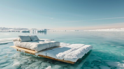 Surreal Iceberg Lounge: Young Woman Relaxing on a Snowy Sofa at a Glacial Lake