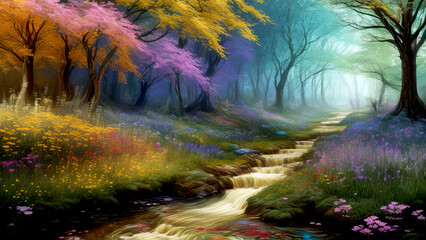 A Vibrant, Whimsical Fantasy Painting Depicting Vibrant Jewel-Toned Colorful Enchanted Fantasy Forest with a River and Lavish Flowers