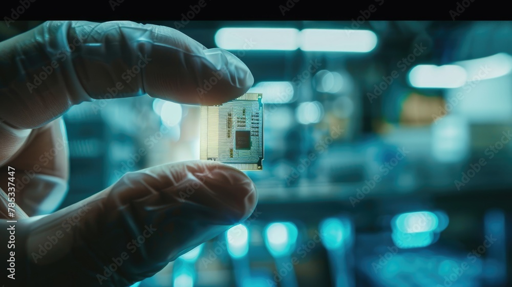 Poster close-up of a microchip in tweezers - an intricate microchip is carefully held with tweezers showcas