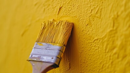 Wallpaper of the yellow wall with a brush painting it with the yellow oil paint