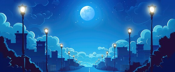 A street scene at night with the moon shining in the sky, featuring an illustration of a blue background with clouds and street lamps on both sides of the road. - obrazy, fototapety, plakaty