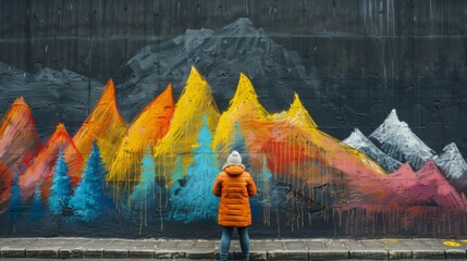 Young Woman in Bright Orange Jacket Admiring Colorful Street Mural