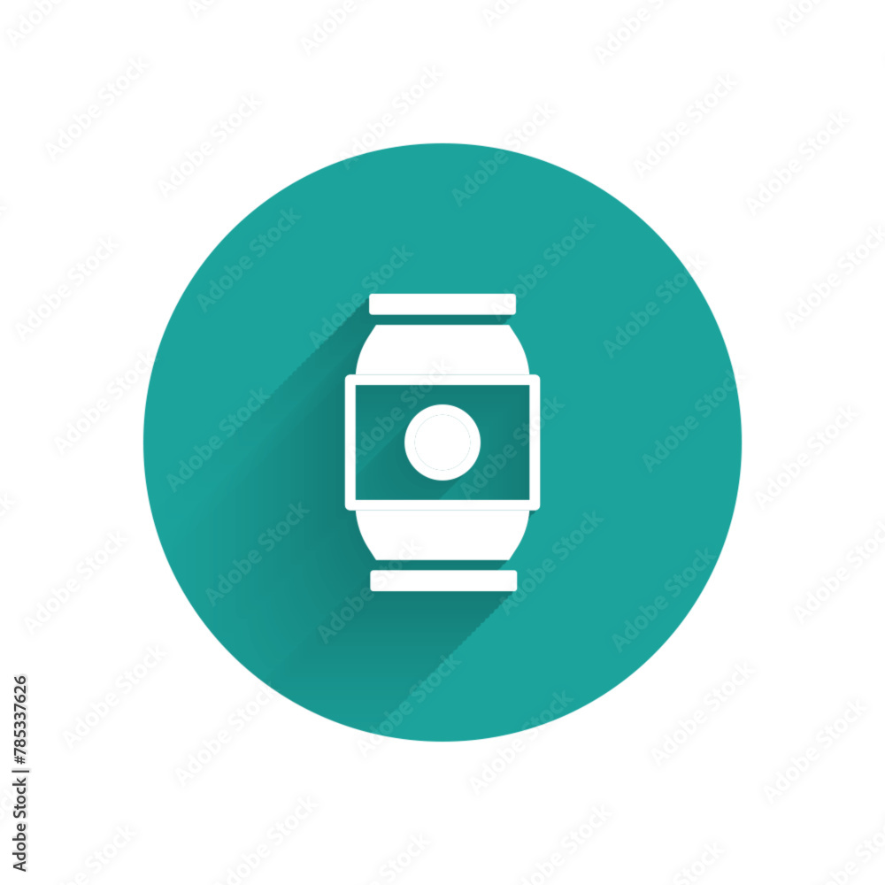Poster white beer can icon isolated with long shadow. green circle button. vector