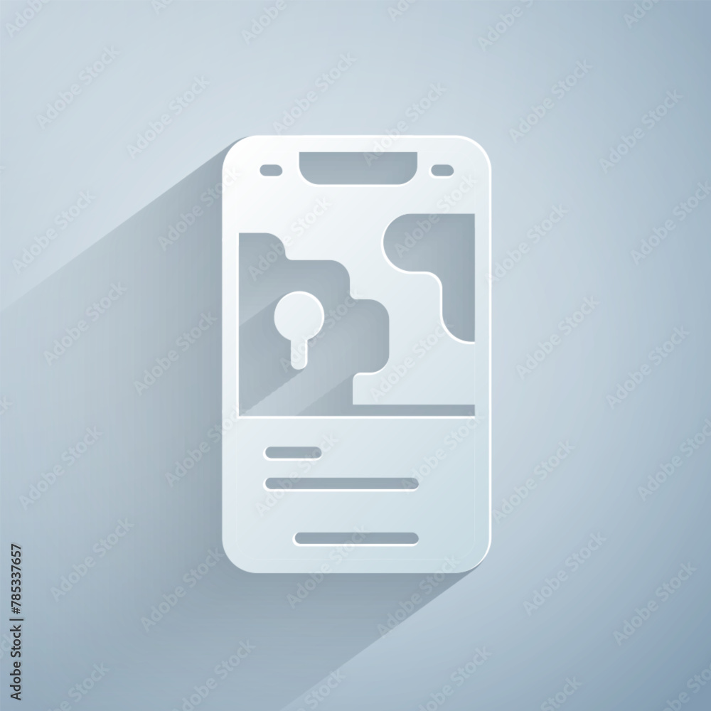 Poster paper cut infographic of city map navigation icon isolated on grey background. mobile app interface 