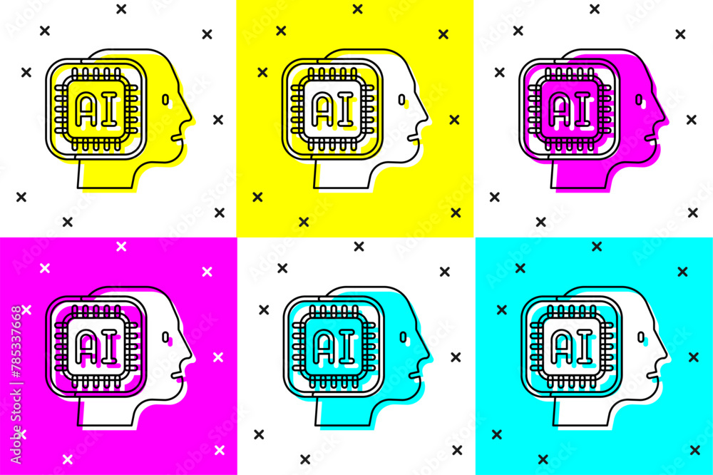 Poster set humanoid robot icon isolated on color background. artificial intelligence, machine learning, clo