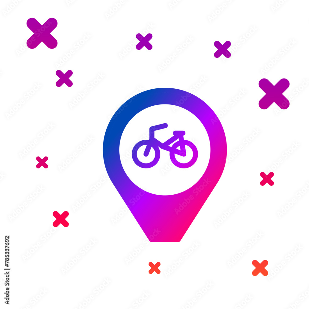 Poster color map pointer with bicycle icon isolated on white background. gradient random dynamic shapes. ve