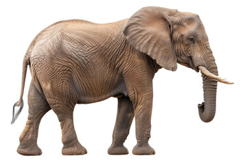Fototapeta premium A magnificent elephant with tusks standing proudly against a plain white backdrop, showcasing its impressive size and strength