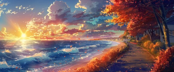 A stunning anime landscape of the sunset over an ocean, with clouds in shades of orange and blue, and trees on both sides of it. In front is a path leading to houses in the style of the water's edge.  - obrazy, fototapety, plakaty
