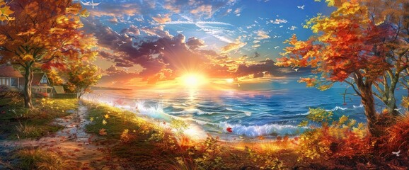 A stunning anime landscape of the sunset over an ocean, with clouds in shades of orange and blue, and trees on both sides of it. In front is a path leading to houses in the style of the water's edge.