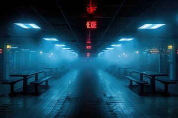 Mysterious cafeteria with neon exit sign - Captivating neon-lit cafeteria setting, highlighting an evocative mood with a prominent exit sign