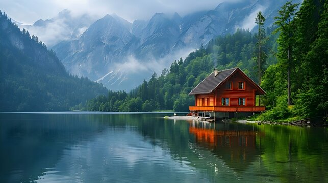 Serenity Afloat: A Mountain Lake Hideaway. Concept Nature Escape, Relaxation Haven, Mountain Retreat, Serene Getaway, Lakefront Bliss