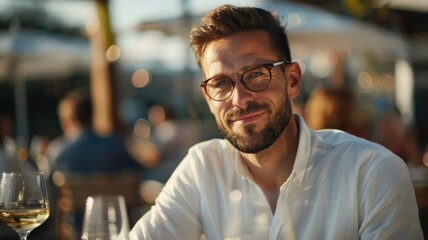 Man enjoying outdoor dining experience - Confident man with glasses enjoying a fine dining experience outdoors - obrazy, fototapety, plakaty