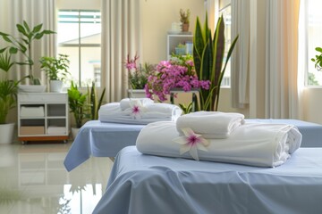Tranquil Spa Setting with Orchid Adorned Towels in Sunlit Wellness Center