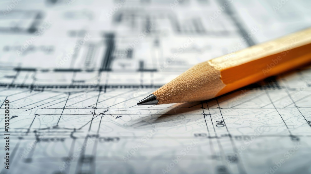 Poster close-up pencil on architectural blueprint plans - detailed image of a sharpened pencil resting on i