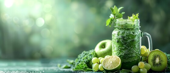 Concept of a detox drink made of green vegetables juice against a green background with room for advertising, Generative AI. - obrazy, fototapety, plakaty
