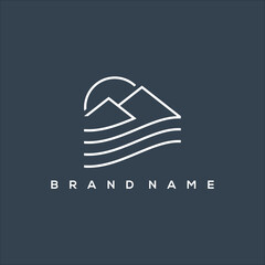 river art line icon logo with mountain and sun