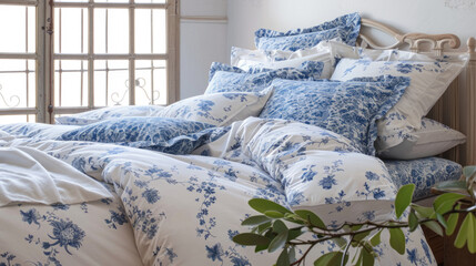 A bed with neatly arranged blue and white sheets and pillows in a simple and modern bedroom setting