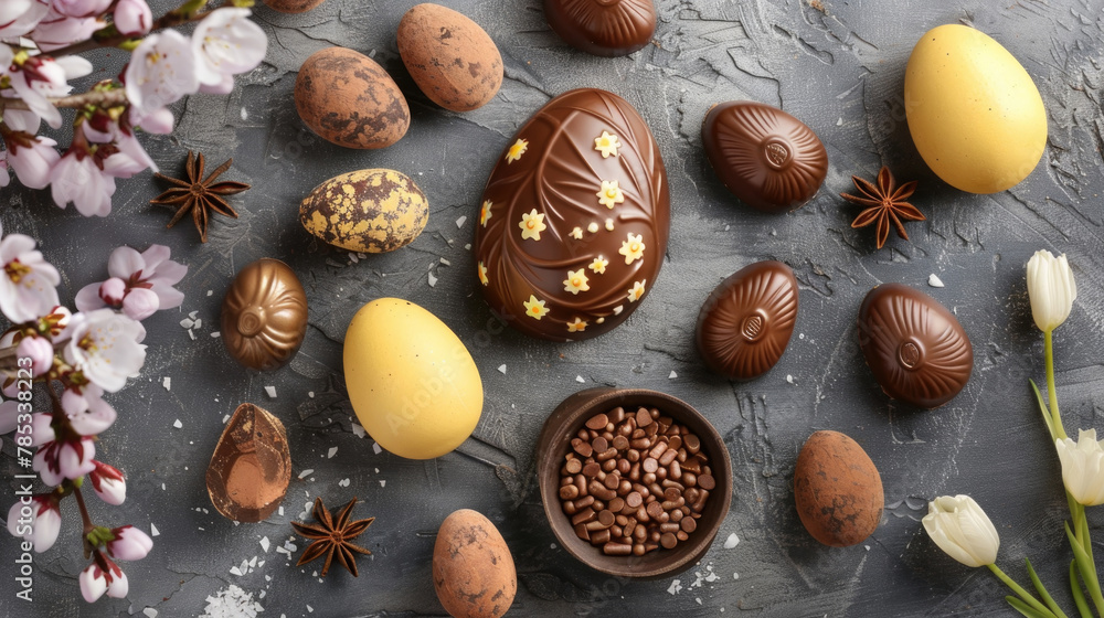 Poster a table displaying various chocolate eggs and vibrant flowers arranged neatly on the surface