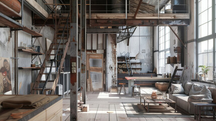 A spacious loft featuring an eclectic mix of rustic wood textures, industrial elements, and comfortable furnishings under natural lighting