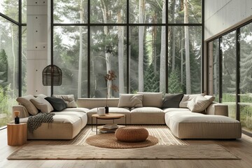 Japandi Decor - Living room blending Japanese and Scandinavian aesthetics - Eastern meets Northern simplicity - AI Generated. Beautiful simple AI generated image in 4K, unique. - obrazy, fototapety, plakaty