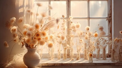 
Soft morning light filtering through a window, illuminating a dreamy arrangement of decorative dried flowers.