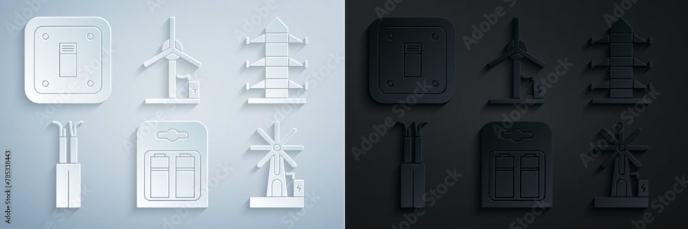 Wall mural set battery in pack, high voltage power pole line, electric cable, wind turbine, and light switch ic