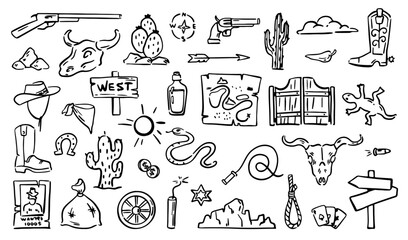 West american culture, isolated monochrome doodles. Vector flat cartoon, saloon doors, cactus and rocks, snakes and dead animal skull. Sheriff boots and clothes of gangster or cowboy suit