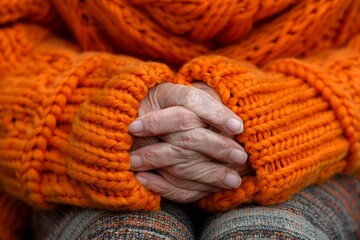 Elderly Woman's Hands Wrapped in Warm Orange Knit Scarf on Chilly Day