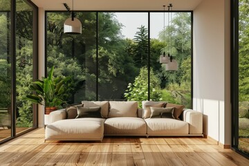 A warm and comfortable well - lit clean bohemian style living room interior.. Beautiful simple AI generated image in 4K, unique.