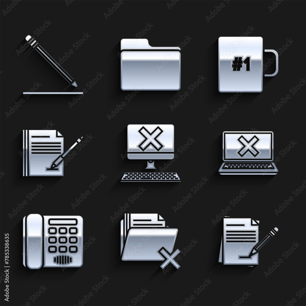 Poster set computer with keyboard and x mark, delete folder, blank notebook pencil eraser, laptop cross on 