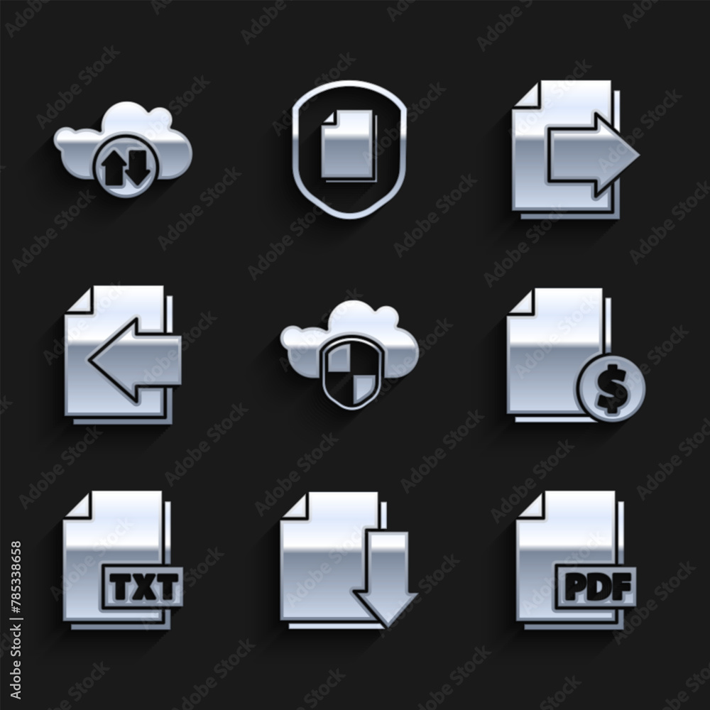 Poster set cloud and shield, document with download, pdf file document, finance, txt, next page arrow, and 